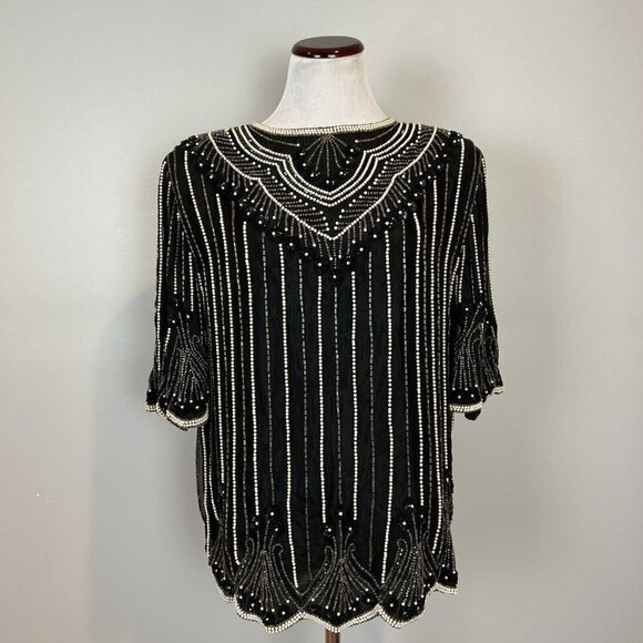 Vtg 80s Beaded Silk Blouse Silk Black White Stripe Small Boxy Oversized - Picture 1 of 11